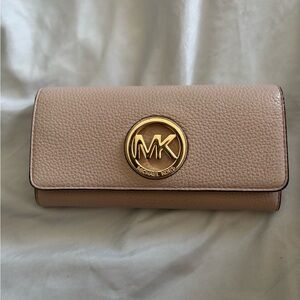 Michael Kors Blush Pink Leather Wallet with Gold Hardware.